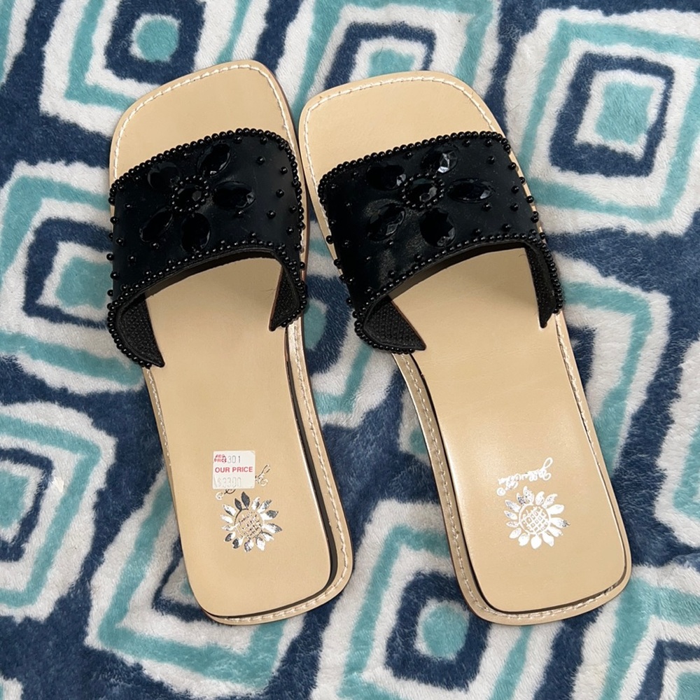 Yellow Box Black Jeweled Chunky Sandal